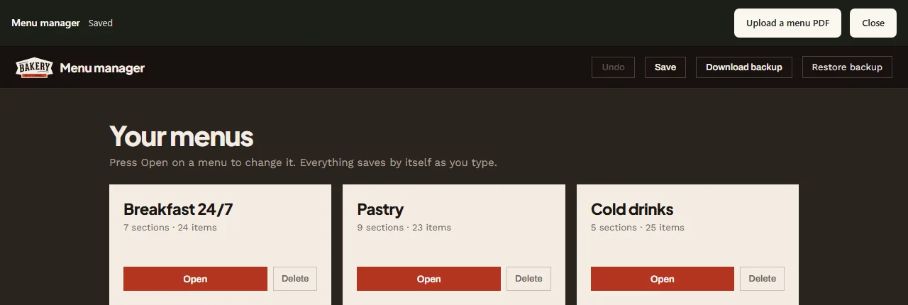 The menu manager built for Bakery on O'Connell, showing its breakfast, pastry and cold drinks menus